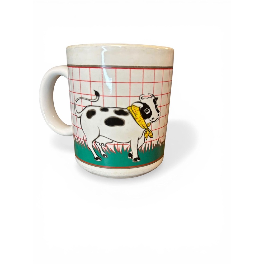 Vintage 80s Country Cow Mug - Retro Holstein Cow with Yellow Bandana